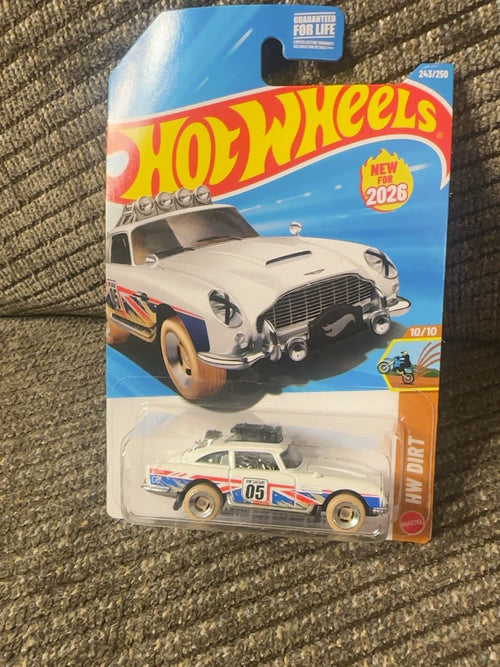 Original photo of white 2026 Hot Wheels Aston Martin DB5 Safari Edition in package