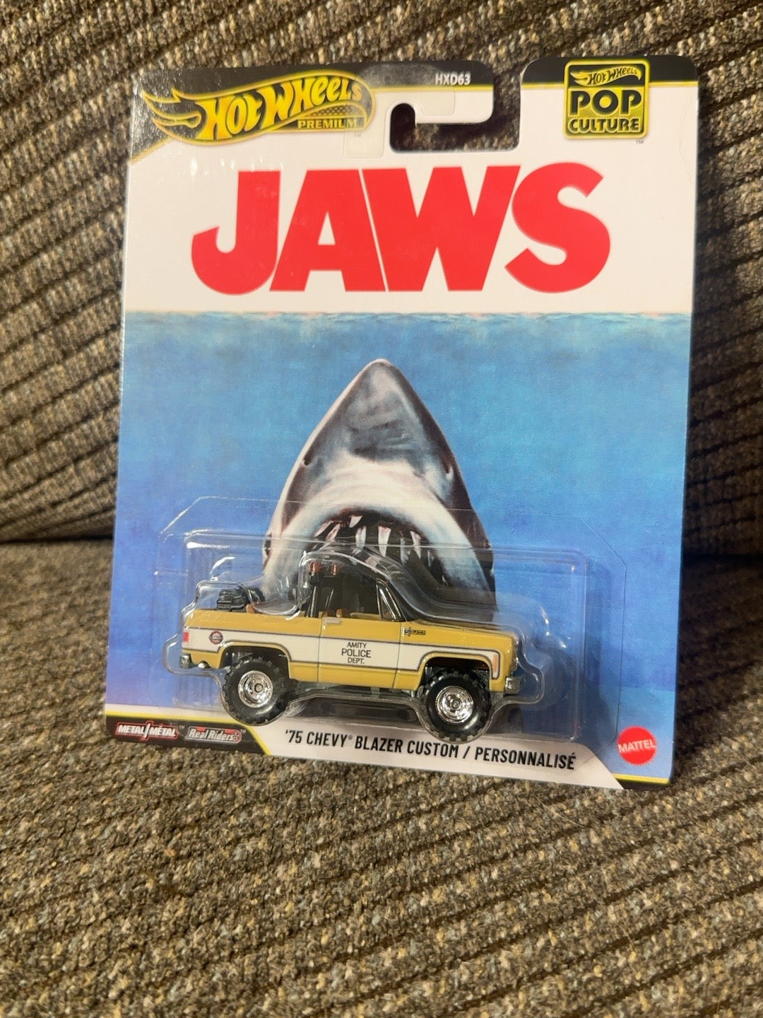 Actual photo of Hot Wheels Premium Jaws 1975 Chevy Blazer Custom Amity Police vehicle in package