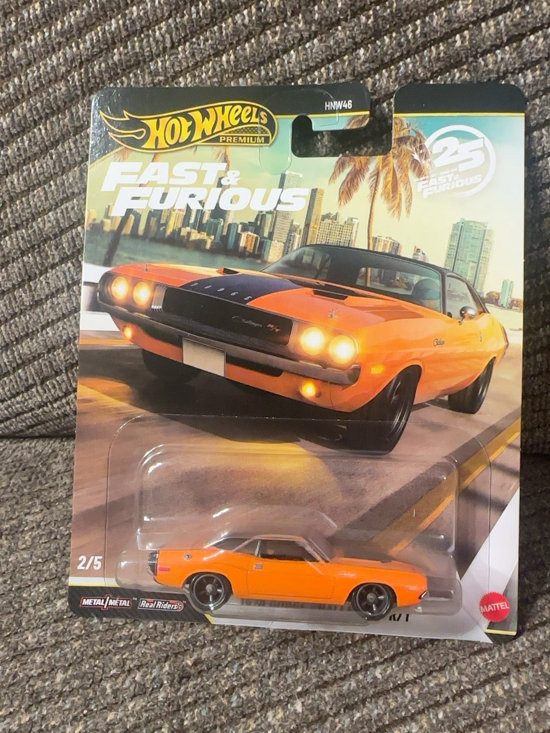 Actual photo of orange Hot Wheels Premium Fast & Furious Challenger 2/5