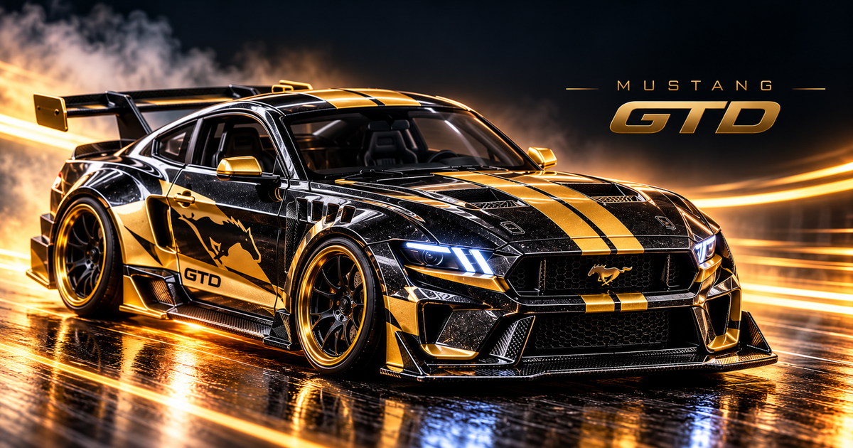 Custom black and gold Mustang GTD collectible car promotional banner